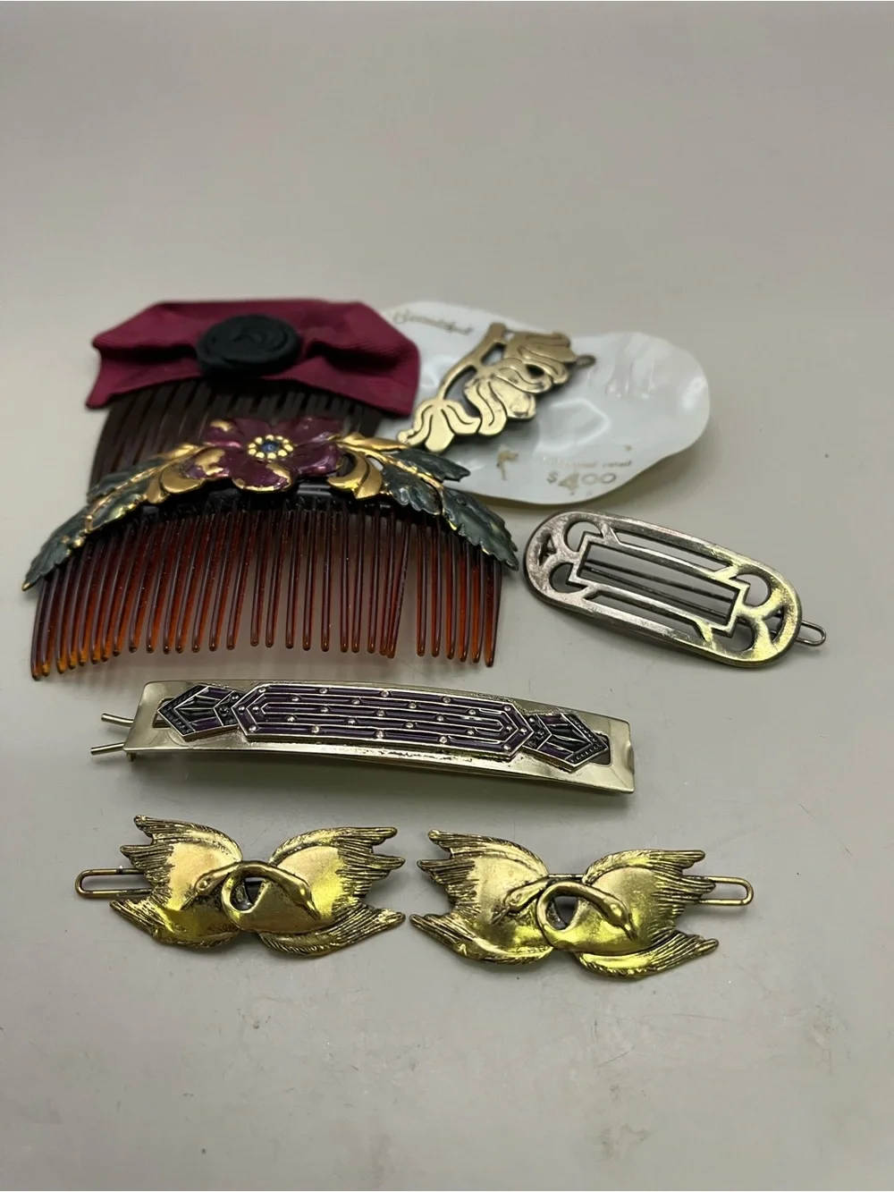 VTG 1970s 80s Hair Accessories Set Enamel Flower Swan Barrettes Tortoiseshell